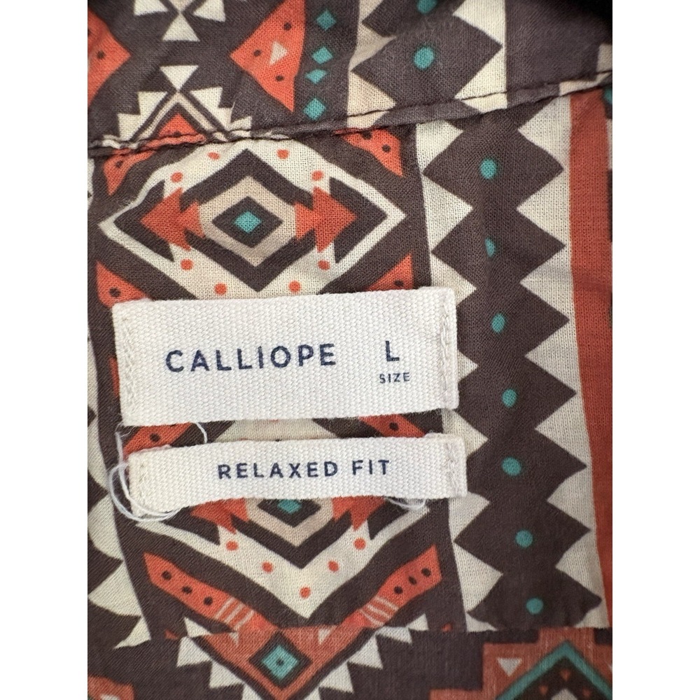 Calliope Men's L Regular Relaxed Geometric Short Sleeve Button-Up Cotton Brown - Picture 2 of 5